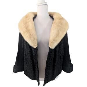 VINTAGE DENHOLMS! BLONDE GENUINE MINK FUR & BLACK MOUTON CROPPED JACKET, COAT! S